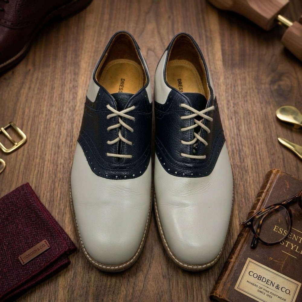 DressAbout Robert Men 10D Vintage Saddle Oxford Shoes Navy White Leather Brazil